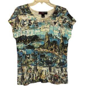 Peck & Peck Lightweight Knit Blue Graphic Cap Sleeve Top